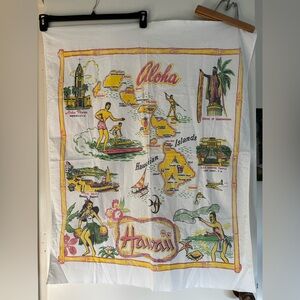 Vintage 1950s Hawaiian Islands Map Tablecloth 32”Wx38”H hawaiiana tiki hula surf